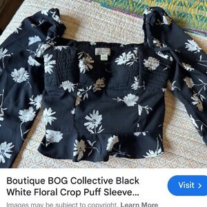 Urban Outfitters Black and White Floral Puff Sleeve Blouse